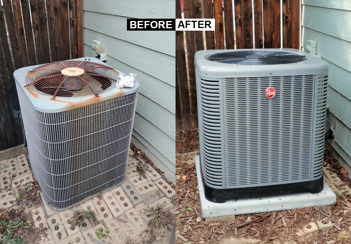 HVAC unit before and after replacement showing dramatic improvement